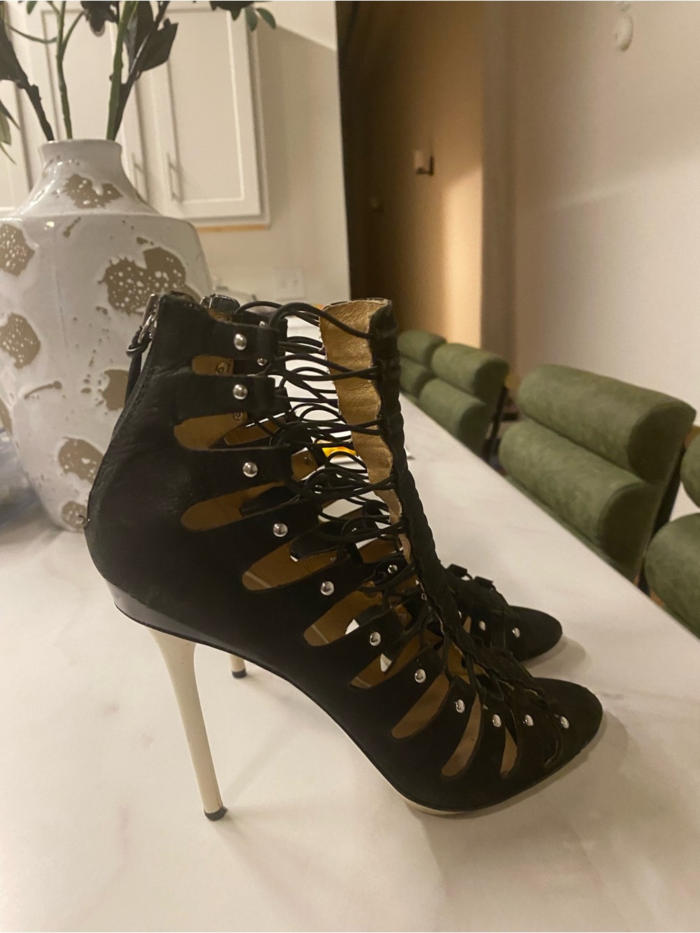 Black Strappy Cage High-Heel Sandals with Stud Detail - Picture 4 of 6